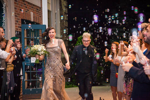 Art Deco Wedding Bubble Exit with Gold Sequin Gown