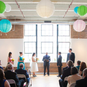 Wedding Ceremony in Brick City Loft with Colorful Paper Lanterns