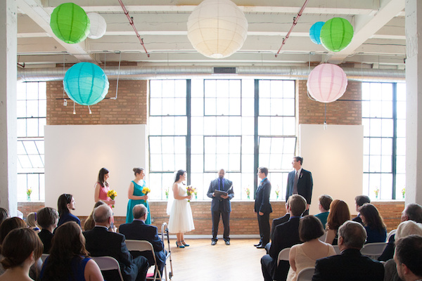 Wedding Ceremony in Brick City Loft with Colorful Paper Lanterns