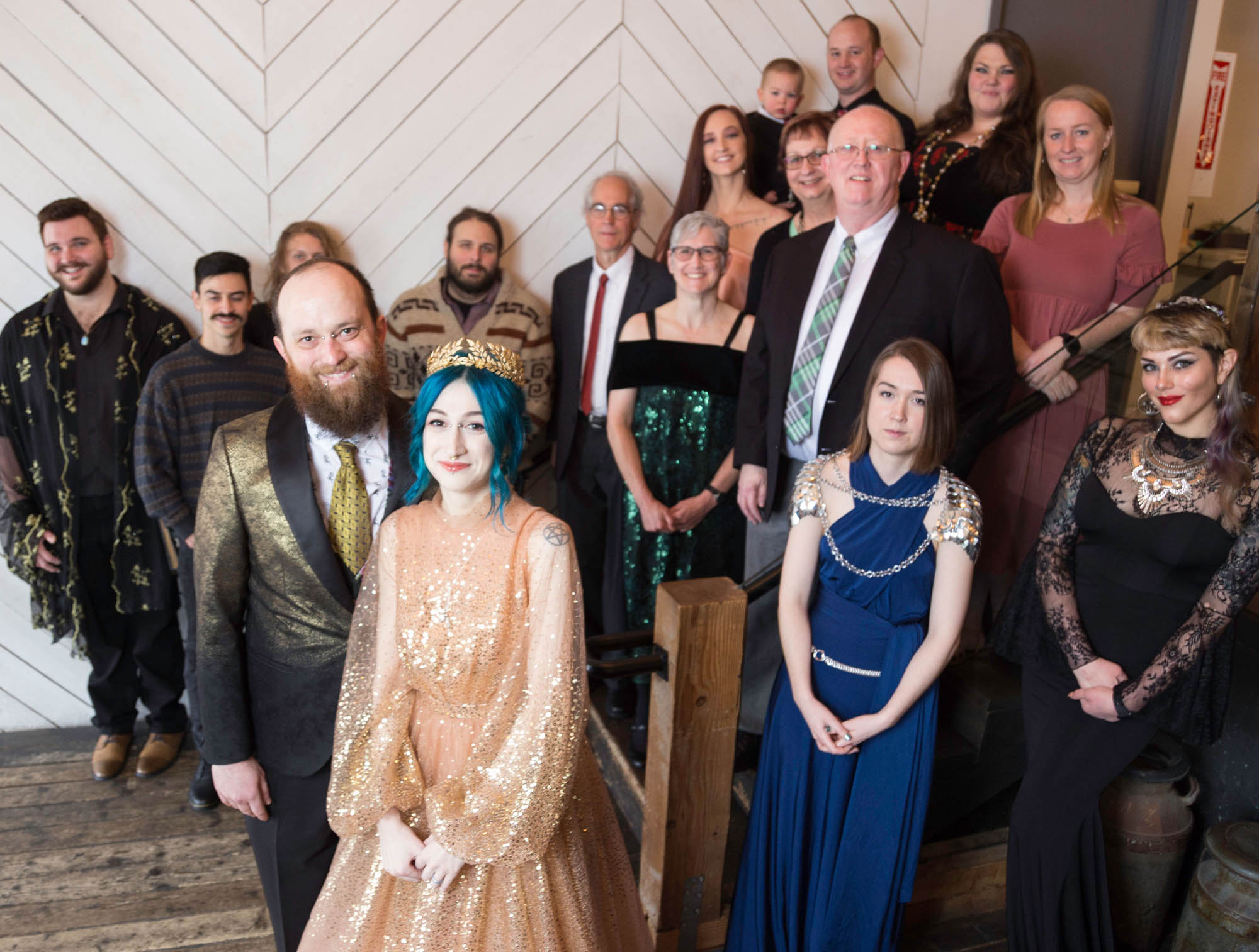 Couple with Piercings and Blue Hair and Wedding Party at Union Pine PDX