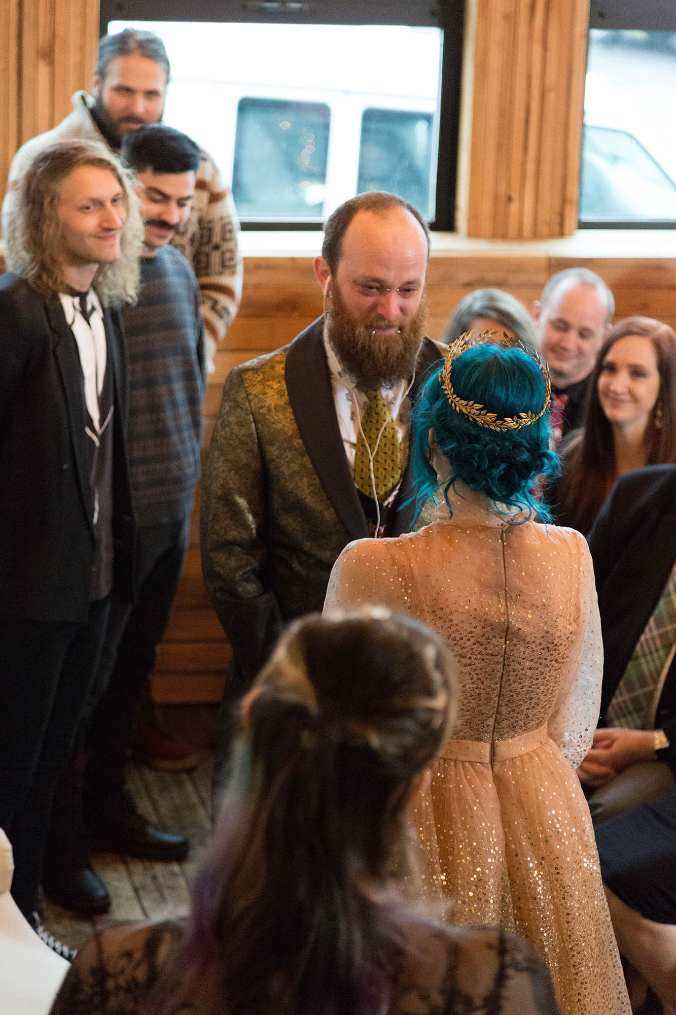 Groom Listening to Silent Wedding Vows with Headphones