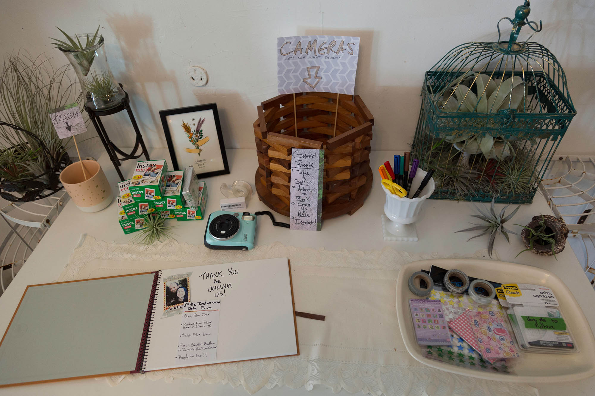 Guest Book Table Decor with Air Plants Birdcage and Polaroid Instax Camera