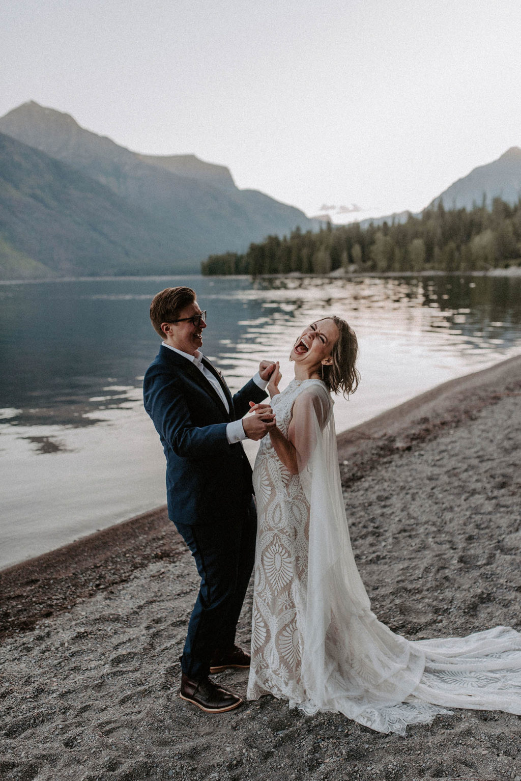 two brides just married at Lake McDonald Glacier National Park