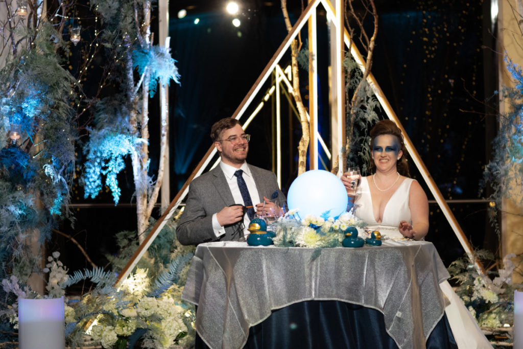 bride and groom at four seasons seattle wedding reception