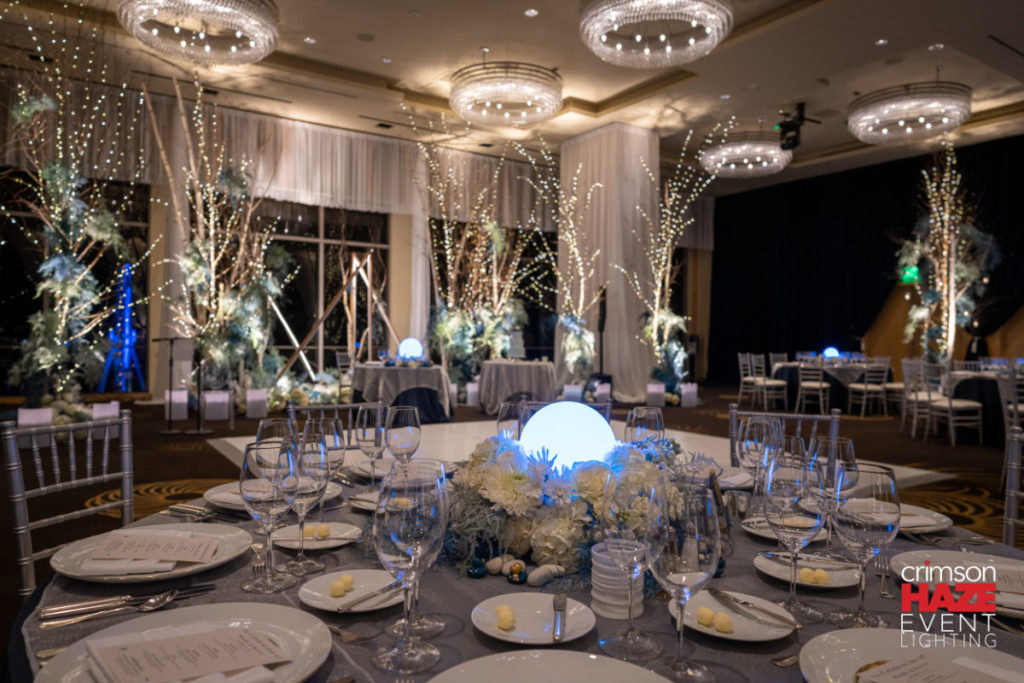 winter wonderland wedding at the Four Seasons Seattle with tree branches and twinkle lights