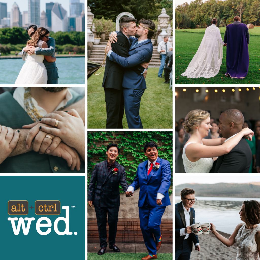 grid of wedding photos with the Alt+Ctrl+Wed logo