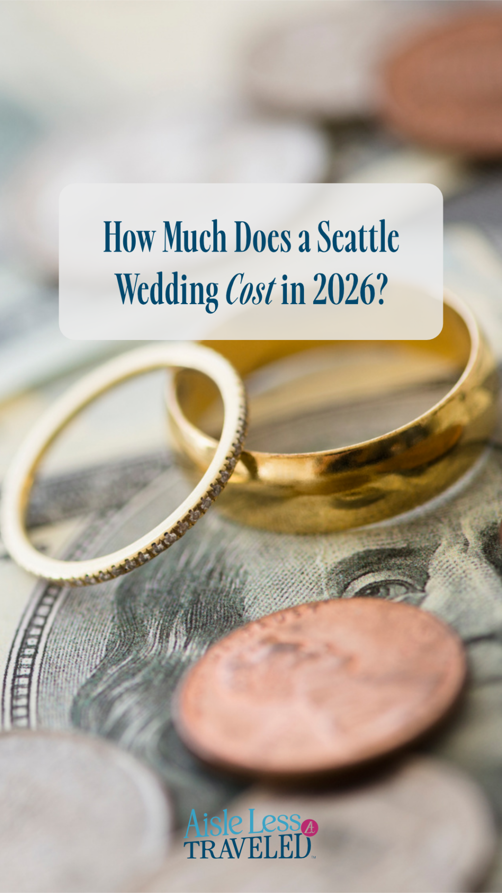 image of wedding rings on top of cash bills and coins that says "how much does a Seattle wedding cost in 2026?"