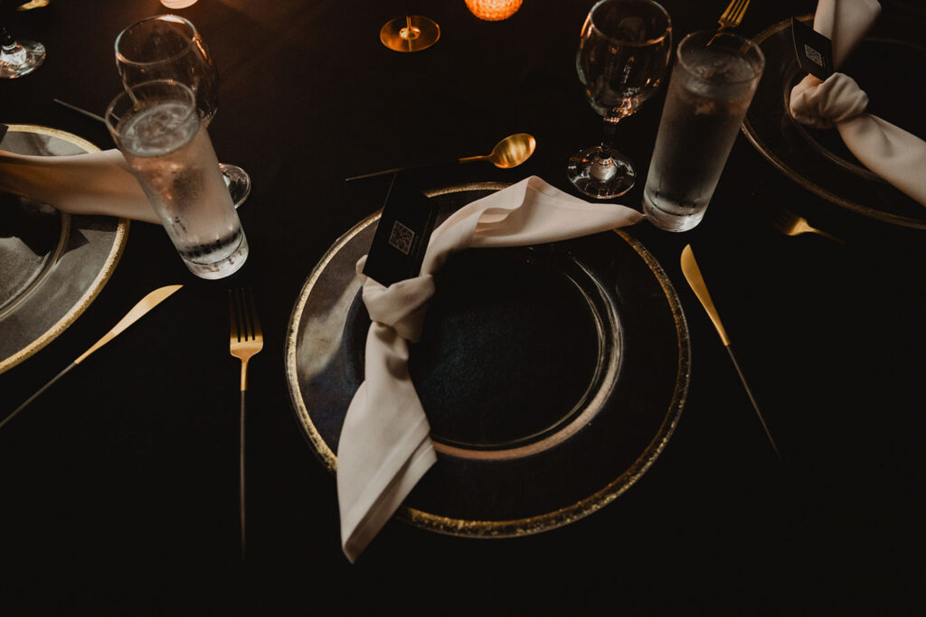 black and gold luxury wedding tablescape