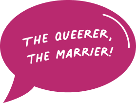 magenta speech bubble with "the queerer, the marrier" text