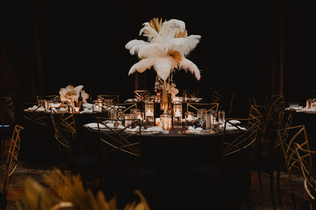 luxury wedding reception design with black and gold details