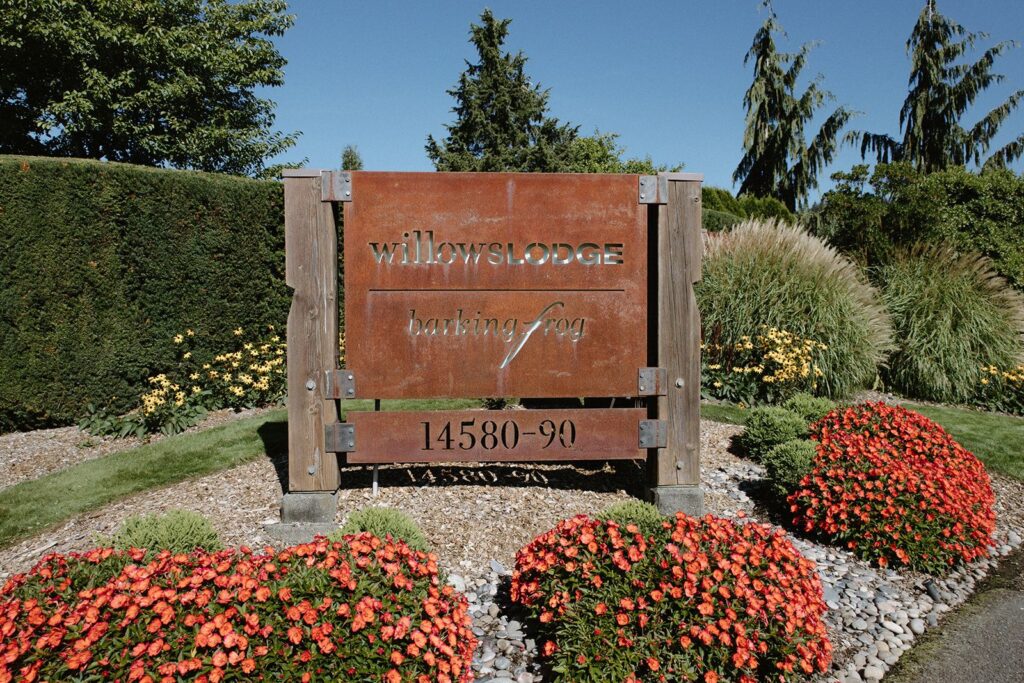 Welcome sign at Willows Lodge wedding venue.
