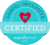We are proudly certified through Equally Wed's Inclusive Professional program. To learn how to best serve the LGBTQ+ community and get your own CIP credential, click here. (This affiliate link will provide a small commission to us when you enroll; this supports our ongoing unpaid efforts to educate our colleagues in the wedding industry on LGBTQ+ issues.)